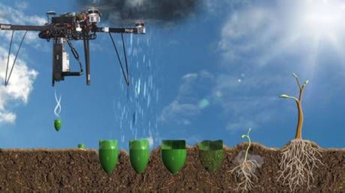 Représentation graphique des drones, qui "tireront" des "capsules" contenant des graines pré-germées et des nutriments. BioCarbon Engineering